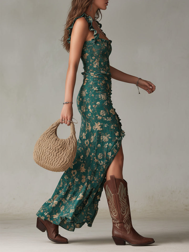 Abito lungo bohemien rétro in tessuto fluido con maniche a sbuffo e fessura elegante