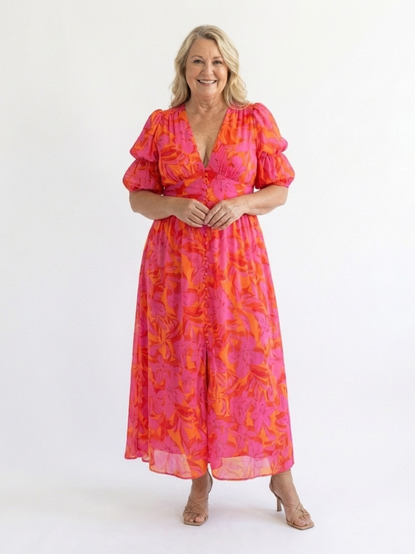 Willow | Abito midi con scollo a V floreale e maniche a sbuffo
