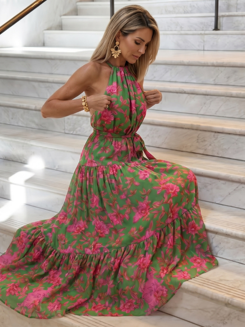 Abito midi drappeggiato rosa con scollatura all'americana elegante