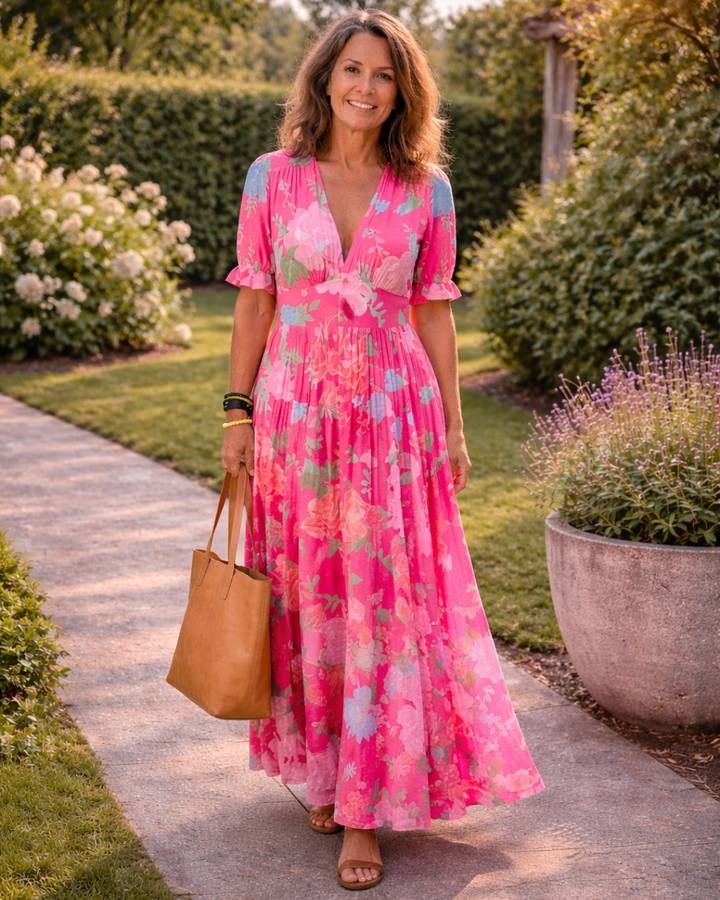 Ione | Abito midi floreale senza maniche con scollatura a V