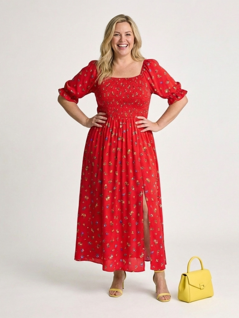 Delphine | Abito midi con scollatura quadrata e motivo floreale