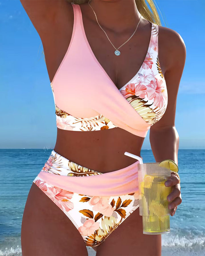 Bikini Contrast Motivo Floreale Scollo Profondo