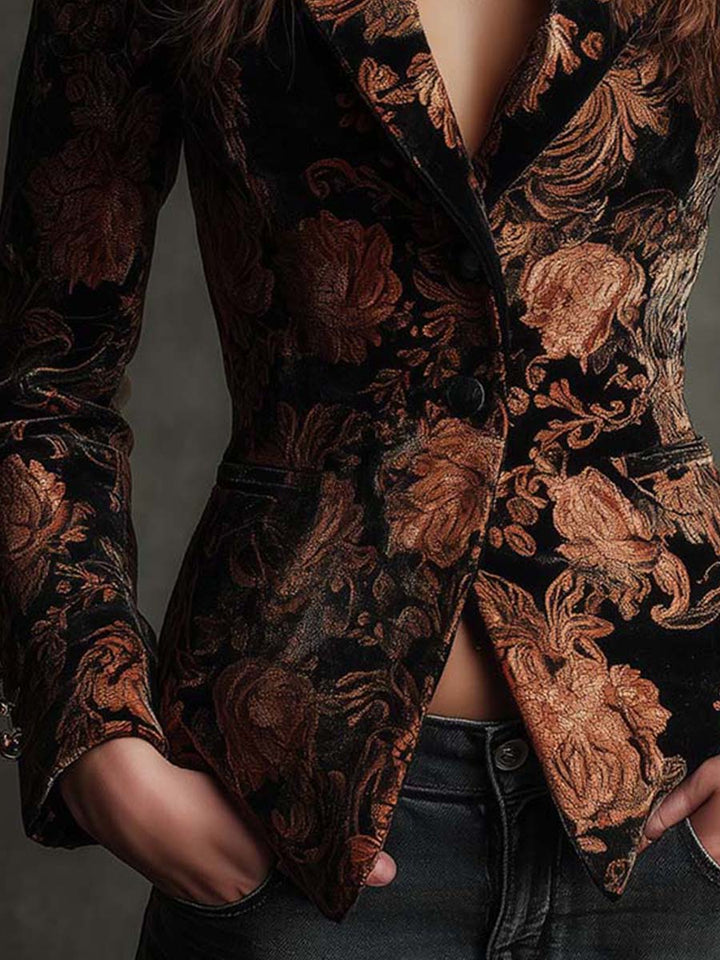 Blazer Tailored Nero e Bronzo con Stampa Floreale per Donne