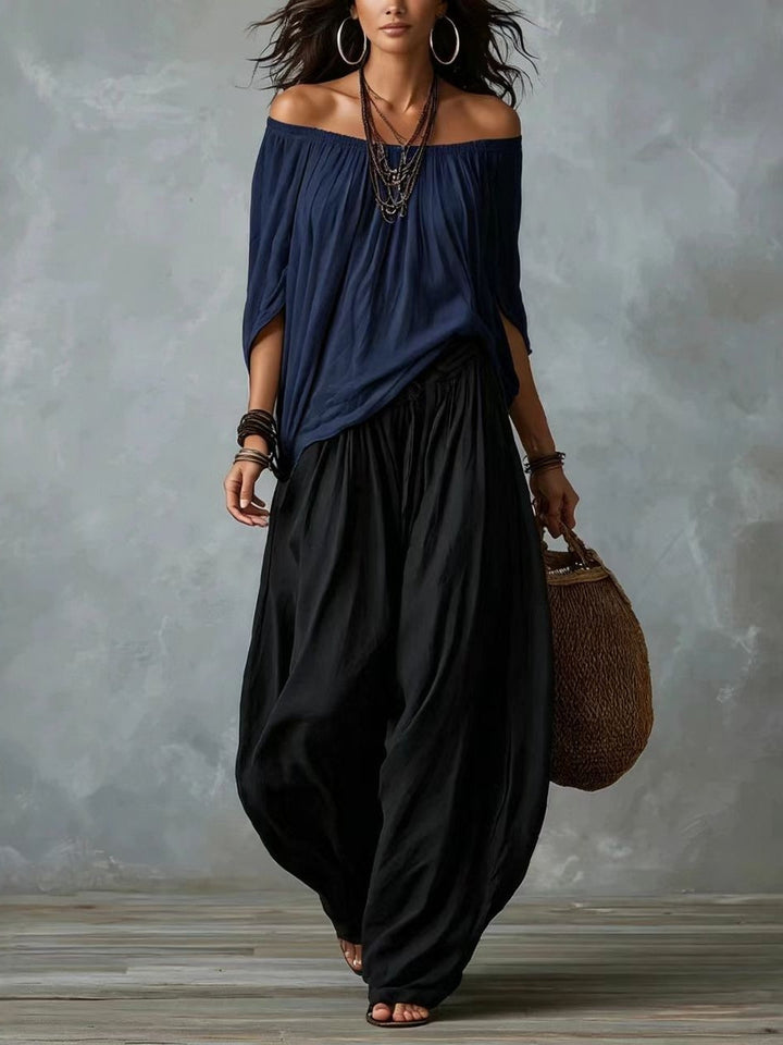 Top Bianco Off-the-shoulder e Set di Pantaloni a Lanternina Comodi