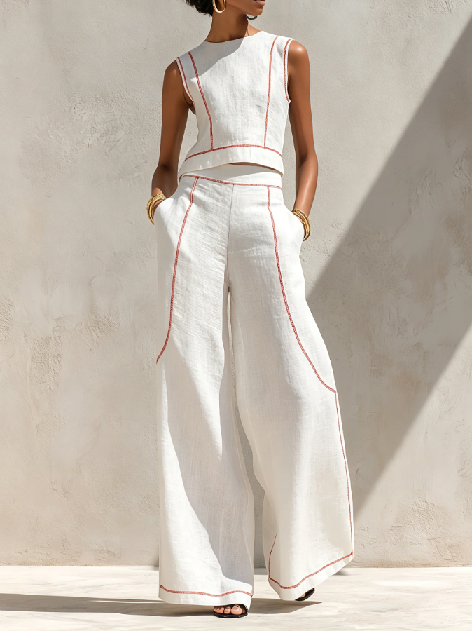 Set Blusa Minimalista in Lino e Pantaloni a Gamba Larga da Donna