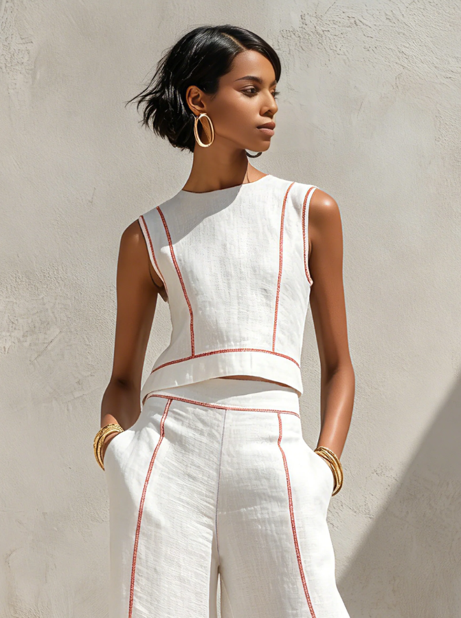 Set Blusa Minimalista in Lino e Pantaloni a Gamba Larga da Donna