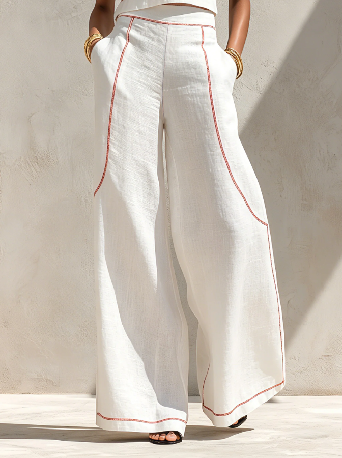 Set Blusa Minimalista in Lino e Pantaloni a Gamba Larga da Donna