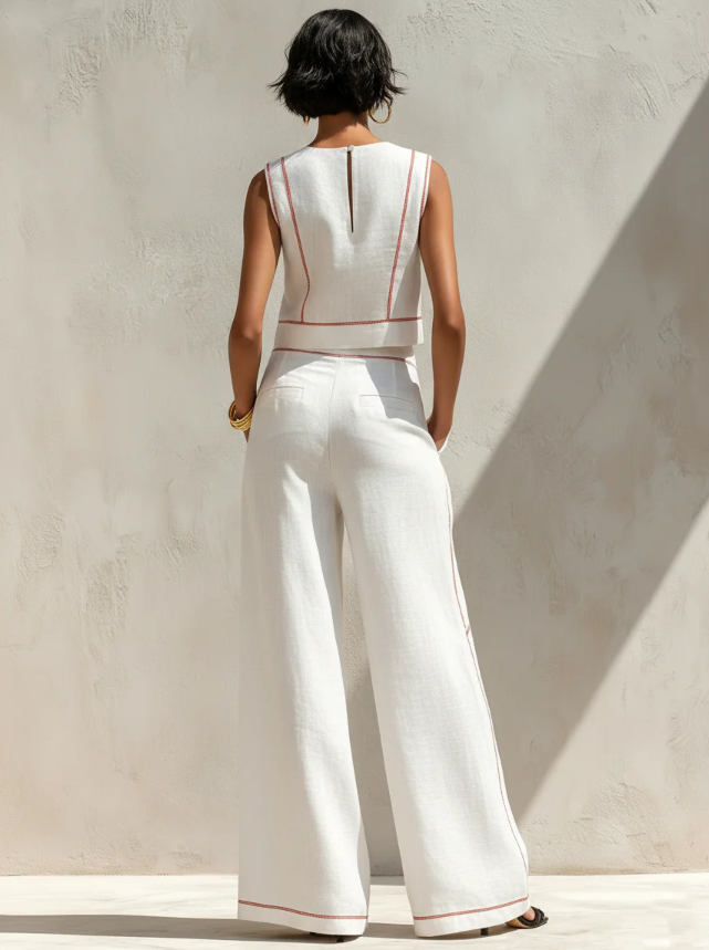 Set Blusa Minimalista in Lino e Pantaloni a Gamba Larga da Donna