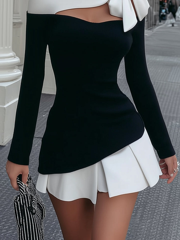 Set di Mini Abito con Spalline e Fiocco Cucito in Bianco e Nero