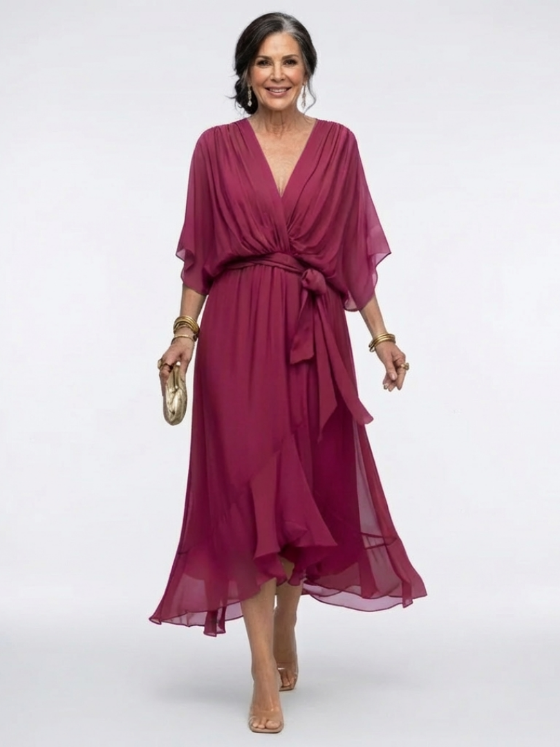 Elysia | Abito midi drappeggiato con scollatura a V e cintura in vita