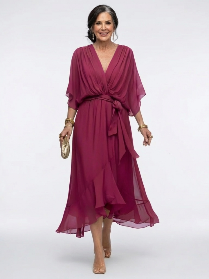 Elysia | Abito midi drappeggiato con scollatura a V e cintura in vita