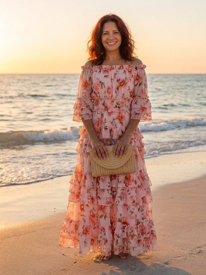 Rosalie | Abito Maxi a Volant Floreale con Spalle Scoperte