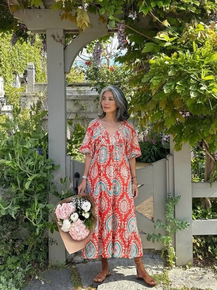 Zaria | Abito midi con stampa paisley e scollatura a V con maniche corte