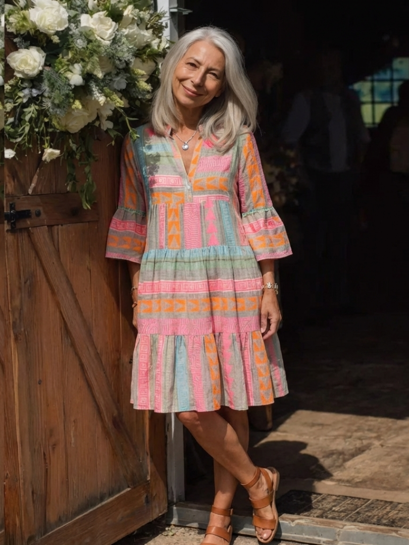 Maelle | Abito con scollatura a V e stampa geometrica, lunghezza ginocchio