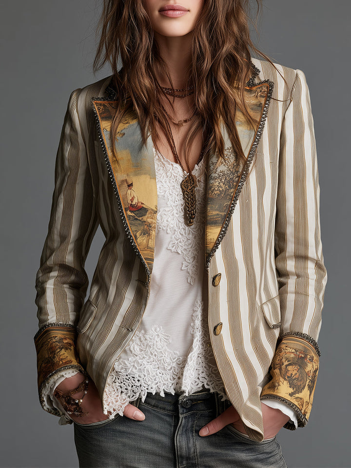 Blazer da Donna Boho a Righe Stampato con Rever