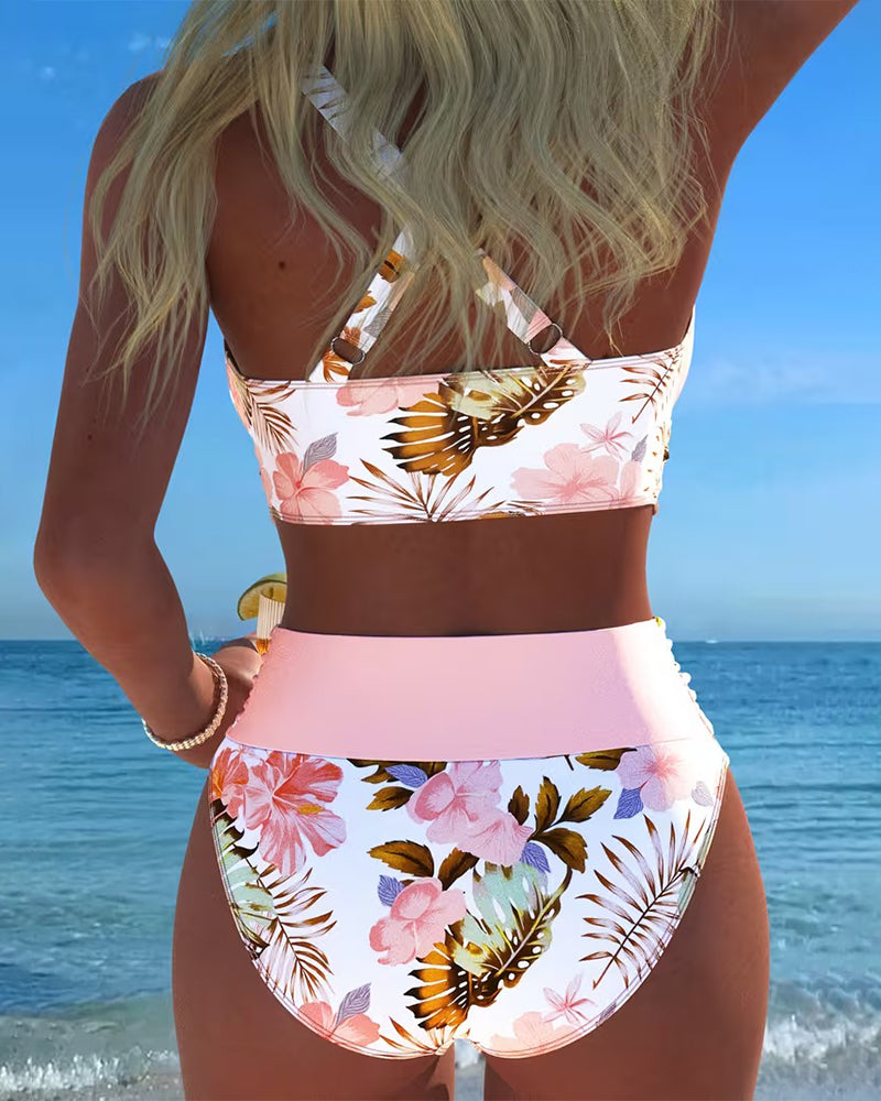Bikini Contrast Motivo Floreale Scollo Profondo