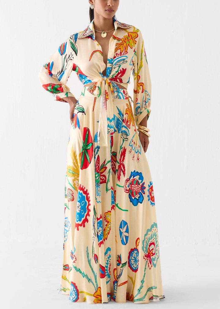 Set da Due Pezzi Boho con Camicia a Maniche Lunghe e Gonna Maxi a Stampa Floreale Tropicale