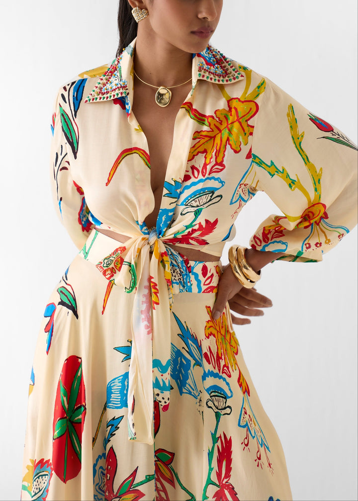 Set da Due Pezzi Boho con Camicia a Maniche Lunghe e Gonna Maxi a Stampa Floreale Tropicale