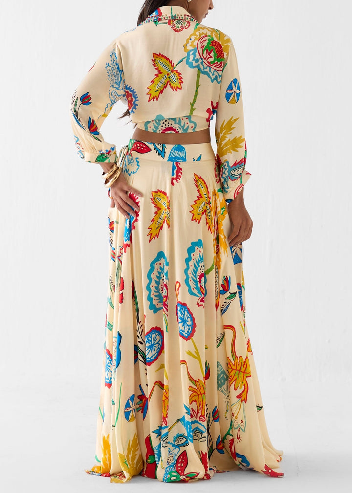 Set da Due Pezzi Boho con Camicia a Maniche Lunghe e Gonna Maxi a Stampa Floreale Tropicale