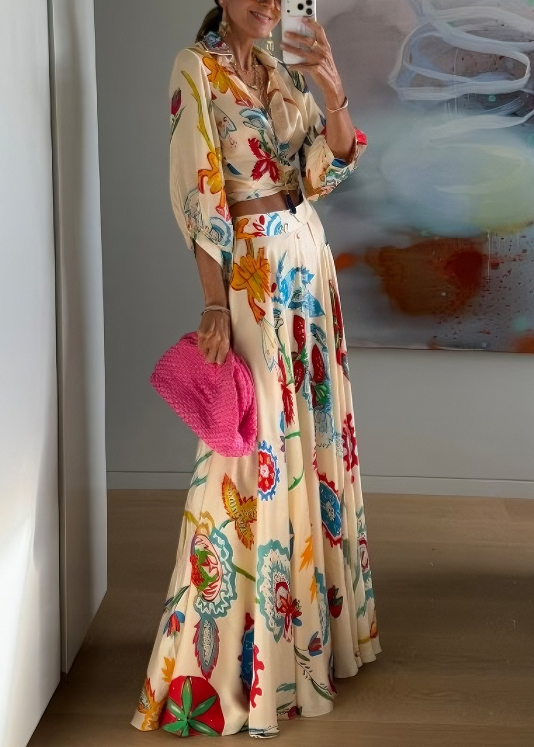 Set da Due Pezzi Boho con Camicia a Maniche Lunghe e Gonna Maxi a Stampa Floreale Tropicale
