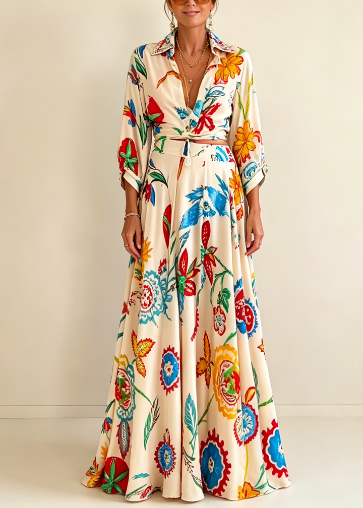 Set da Due Pezzi Boho con Camicia a Maniche Lunghe e Gonna Maxi a Stampa Floreale Tropicale