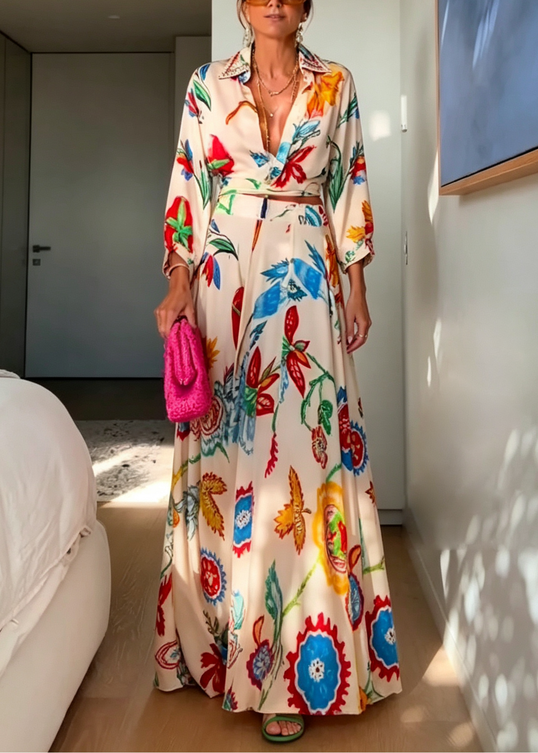 Set da Due Pezzi Boho con Camicia a Maniche Lunghe e Gonna Maxi a Stampa Floreale Tropicale