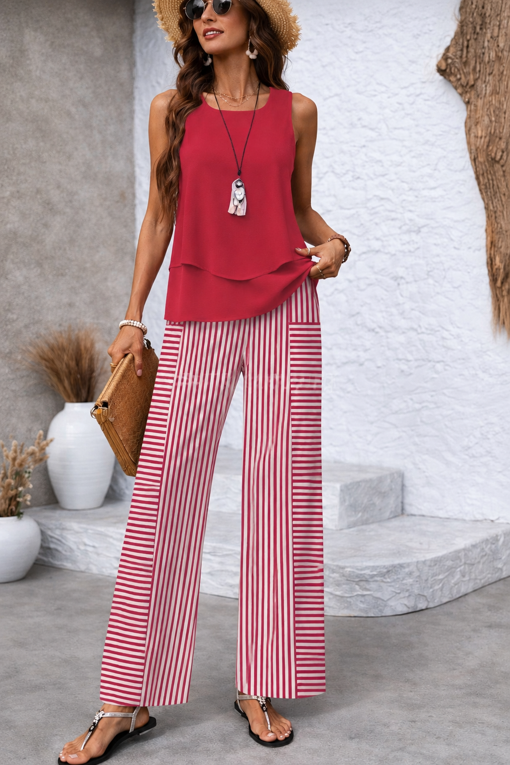 Ramona™ | Completo Rosa Top Liscio e Pantalone a Righe
