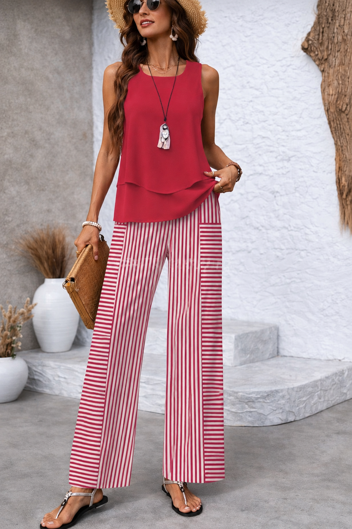 Ramona™ | Completo Rosa Top Liscio e Pantalone a Righe