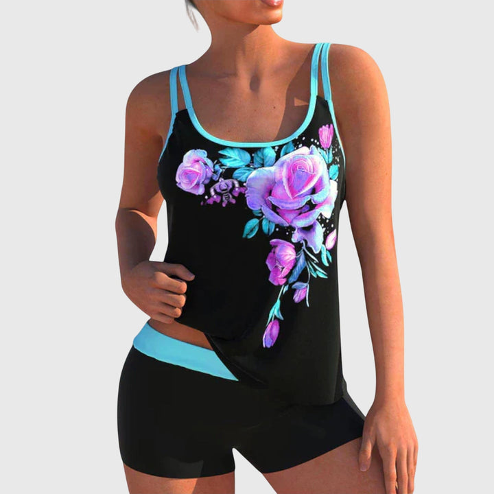 Flor – Tankini floreale con short, effetto pancia piatta