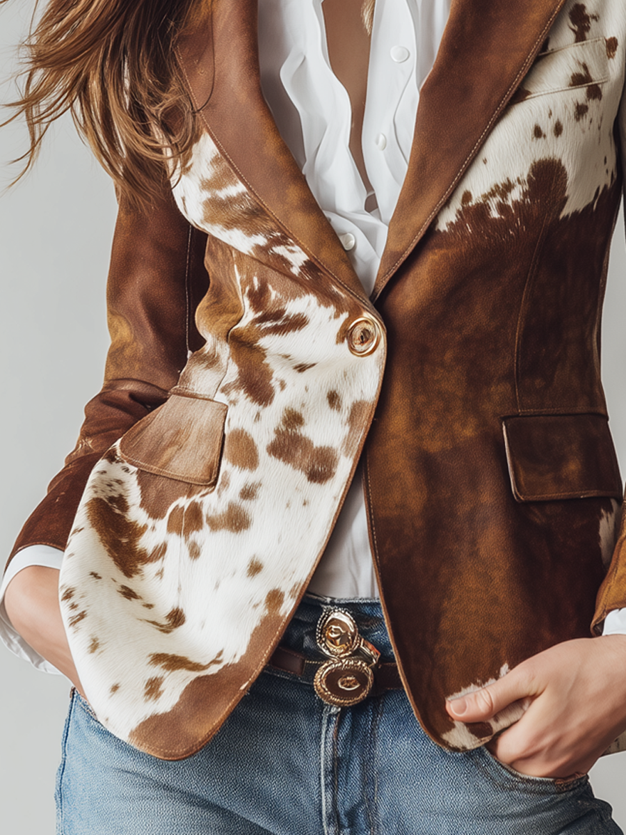 Blazer Eco-Friendly Vintage con Stampa di Mucca per Donne