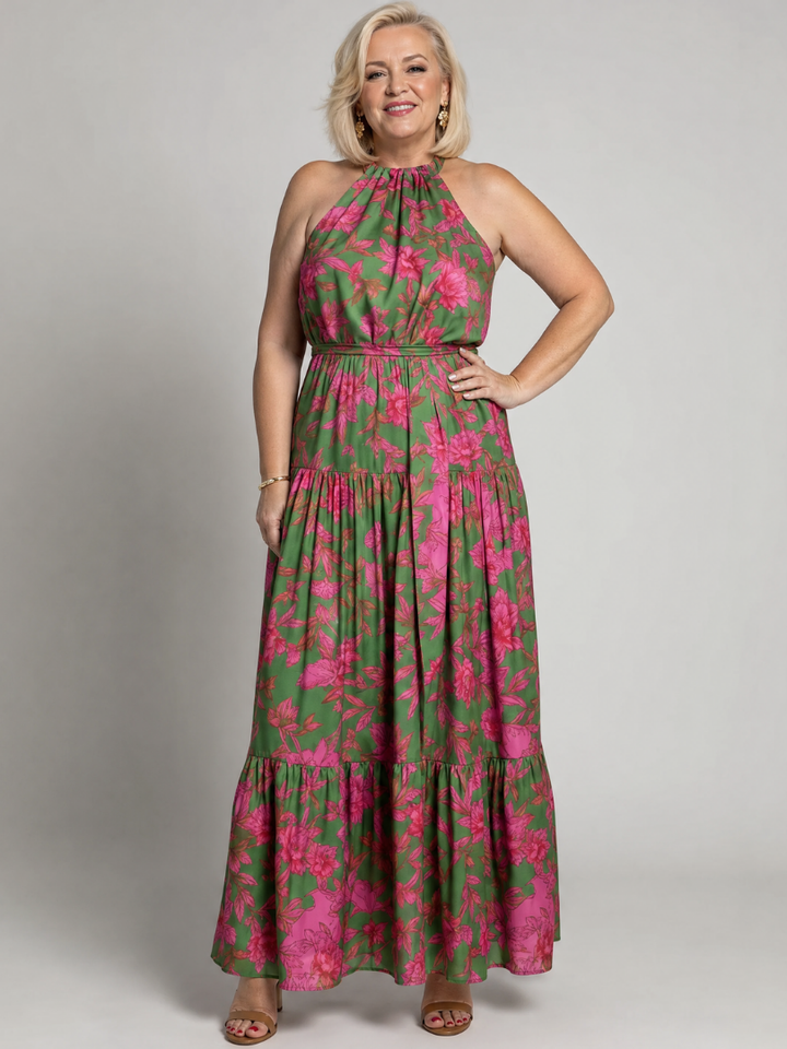 Abito midi drappeggiato rosa con scollatura all'americana elegante