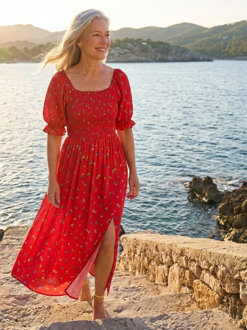 Delphine | Abito midi con scollatura quadrata e motivo floreale