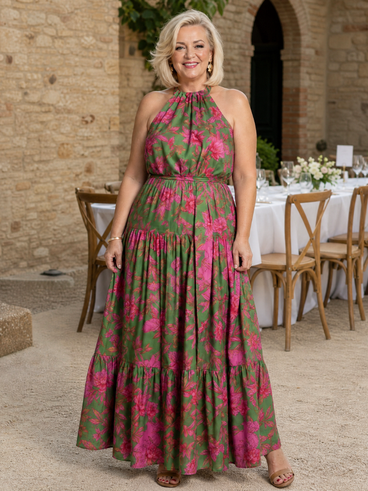 Abito midi drappeggiato rosa con scollatura all'americana elegante