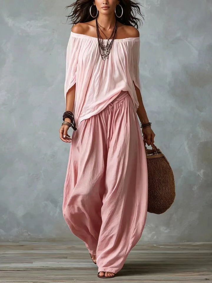 Top Bianco Off-the-shoulder e Set di Pantaloni a Lanternina Comodi