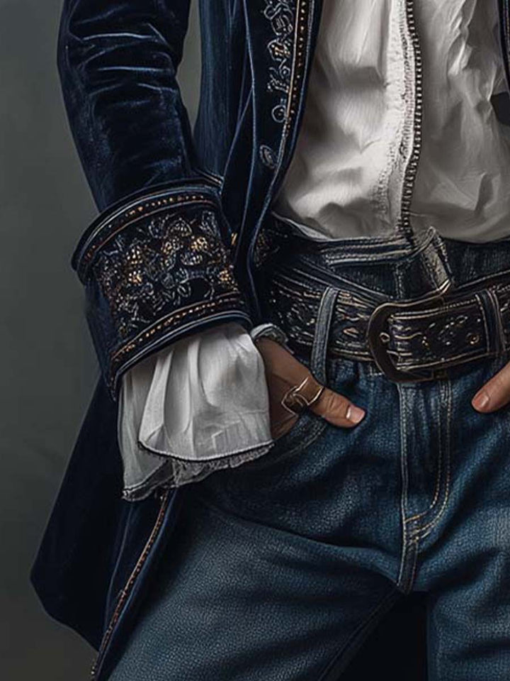 Giacca lunga vintage da donna ricamata in navy