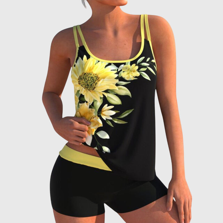 Flor – Tankini floreale con short, effetto pancia piatta
