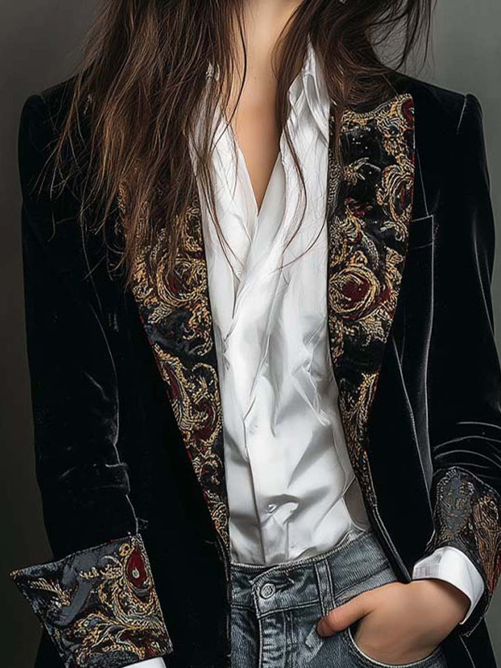 Blazer Slim Fit Nero con Stampa Barocca per Donne