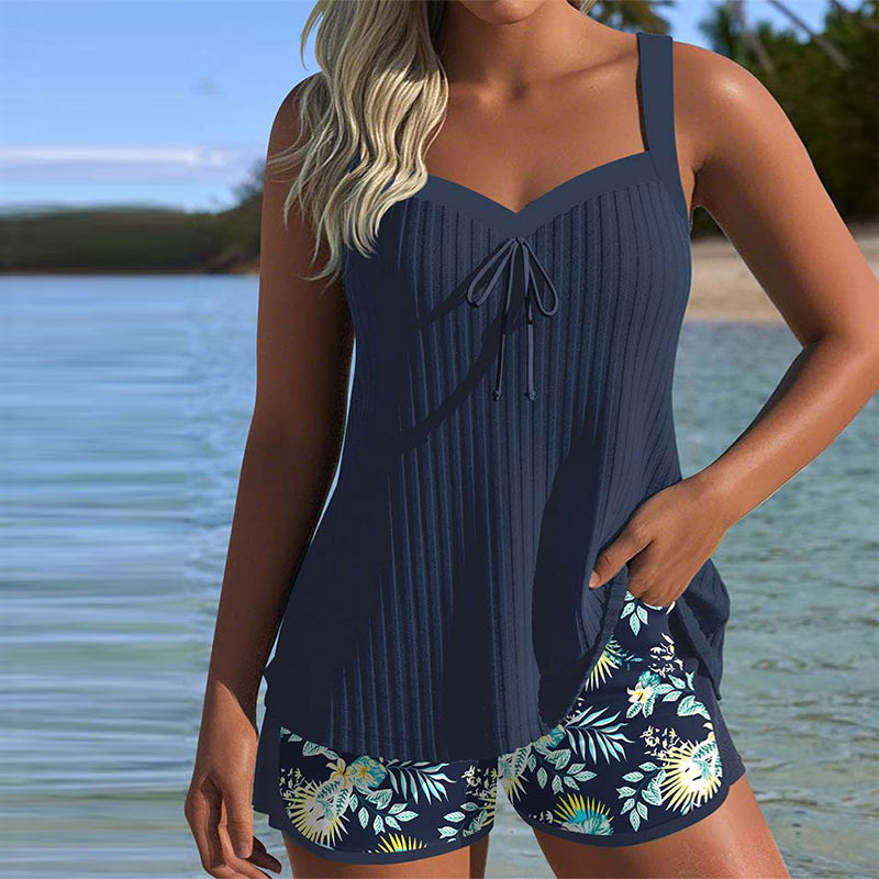 Carla - Costume da Bagno a Righe con Pantaloni Corti da Spiaggia