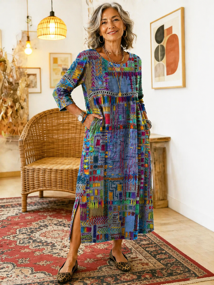 Isabelle | Abito in Denim con Patchwork Etnico