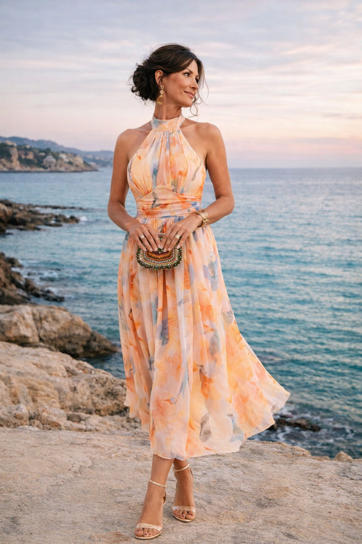 Irene | Vestito con scollo halter e stampa ad acquerello