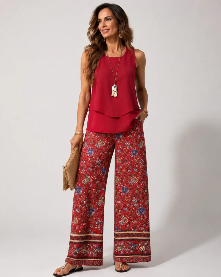 Cayetana™ | Completo Boho Top a Strati e Pantaloni Floreali