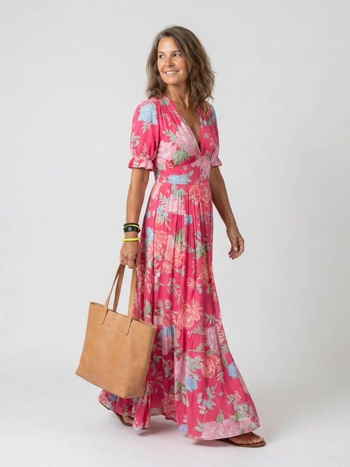 Ione | Abito midi floreale senza maniche con scollatura a V