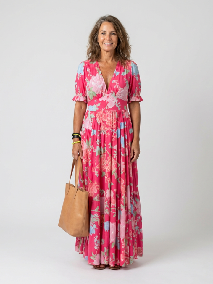 Ione | Abito midi floreale senza maniche con scollatura a V