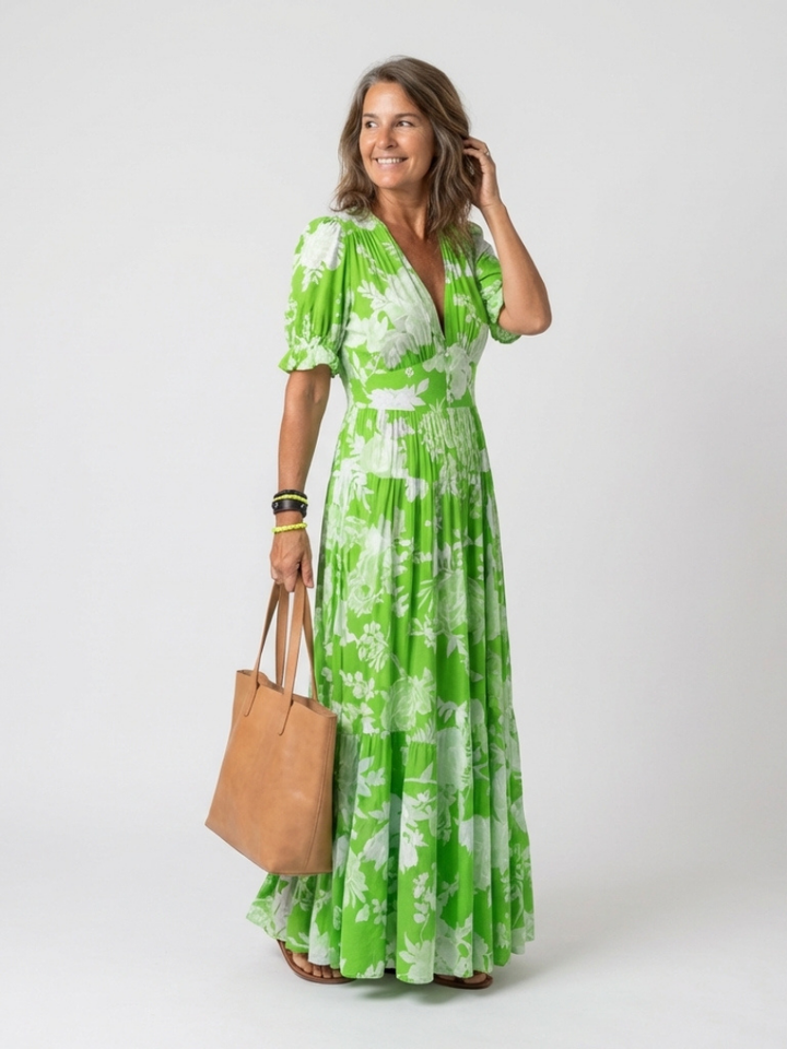 Ione | Abito midi floreale senza maniche con scollatura a V