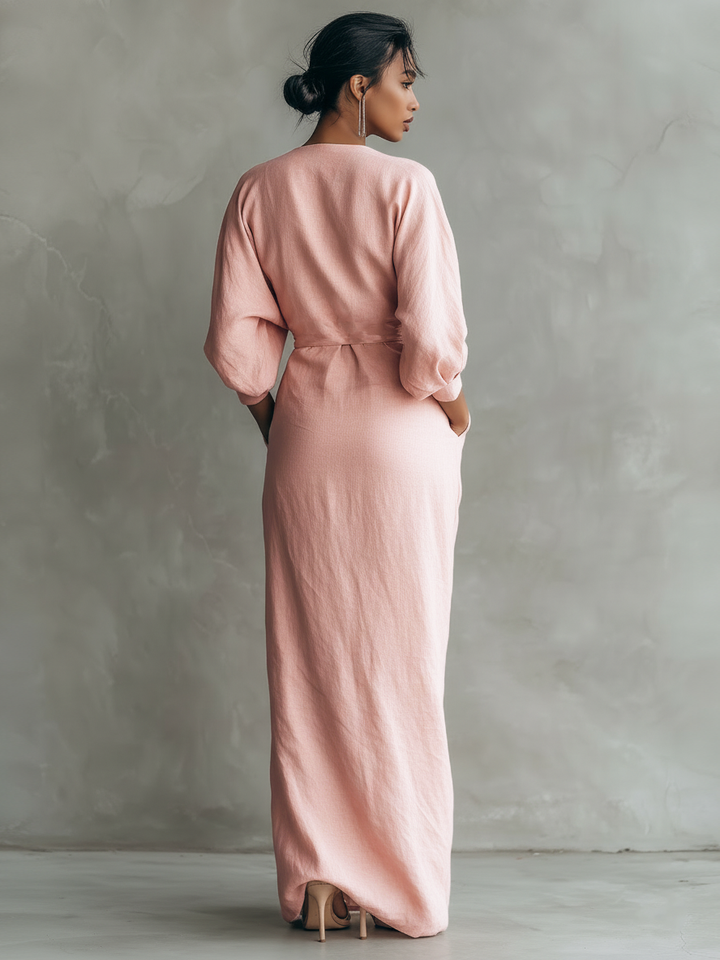 Abito Maxi in Lino Rosa con Scollo a V