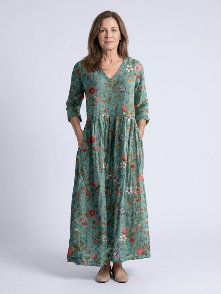 Marina | Abito maxi con scollatura a V floreale e maniche a tre quarti