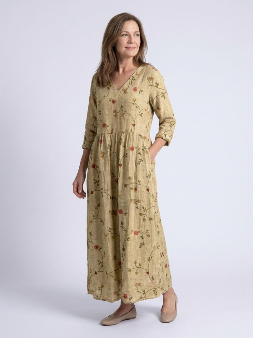 Marina | Abito maxi con scollatura a V floreale e maniche a tre quarti