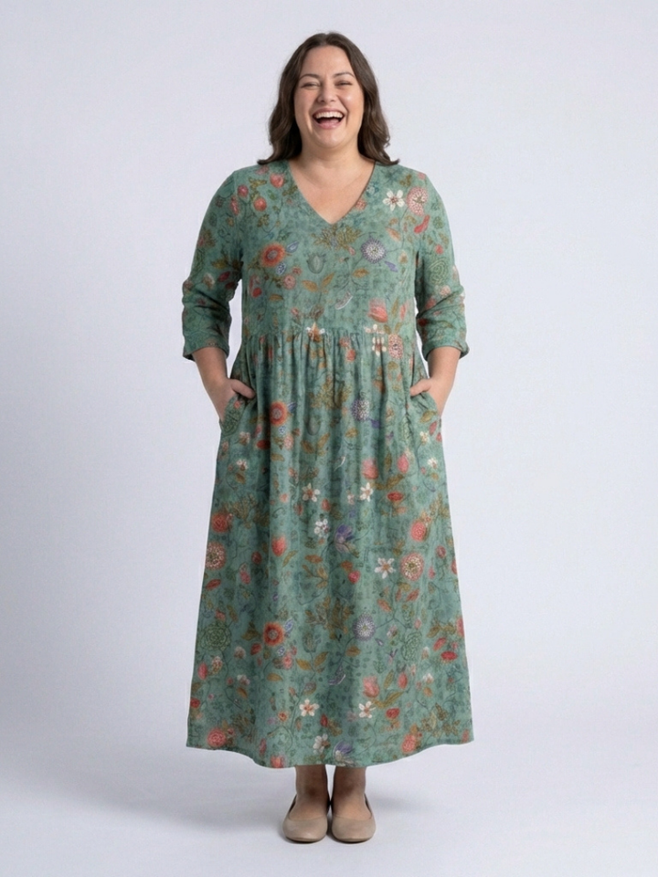 Marina | Abito maxi con scollatura a V floreale e maniche a tre quarti