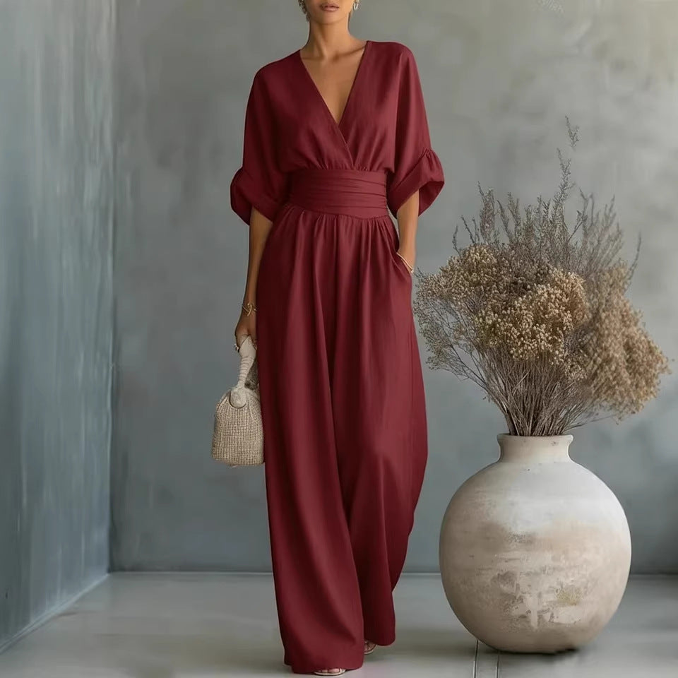 Abito Elegante a V, Schiena Nuda e Maniche Fluide - Maison Claire e Sylvie