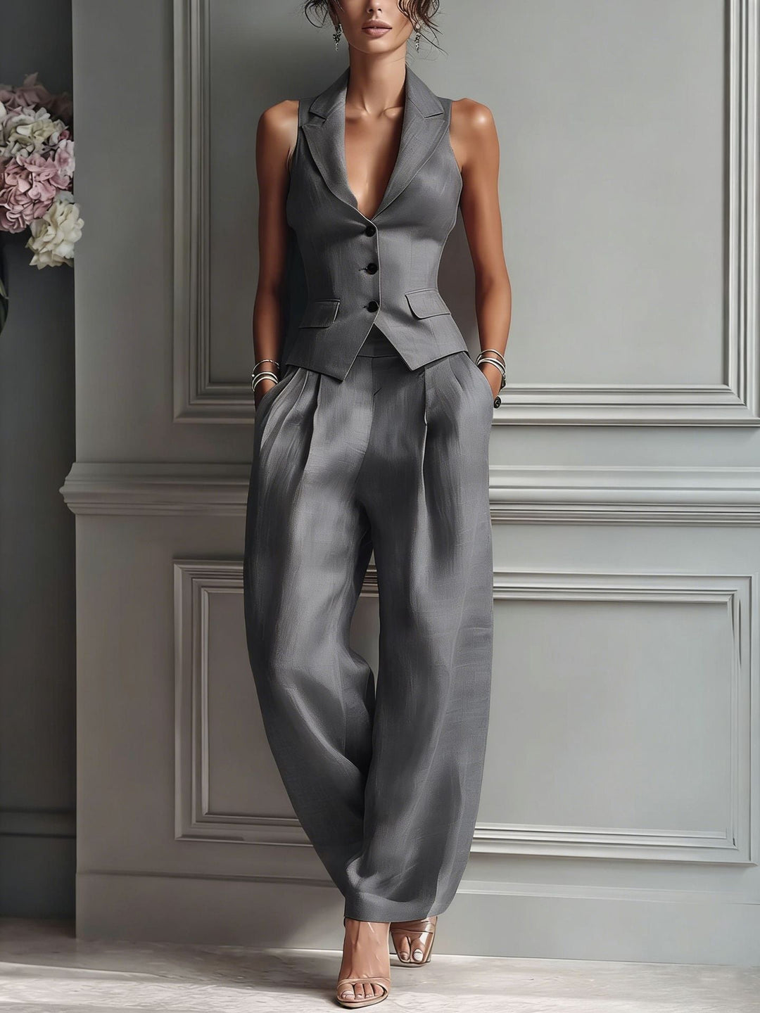 Completo Donna Due Pezzi con Scollatura a V e Bottoni